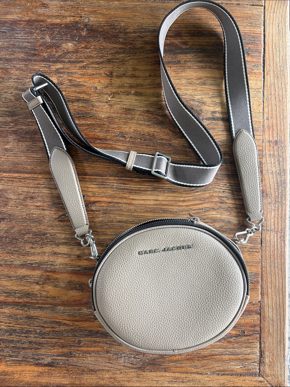 Marc Jacobs Taupe Pebbled Leather Round Crossbody with Contrast Strap